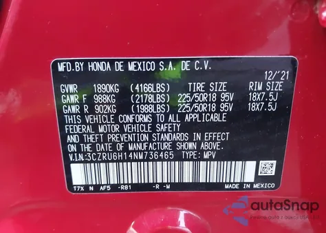 2022 Honda Hr-V Awd Sport z USA, uszkodzony, nr VIN 3CZRU6H14NM736465